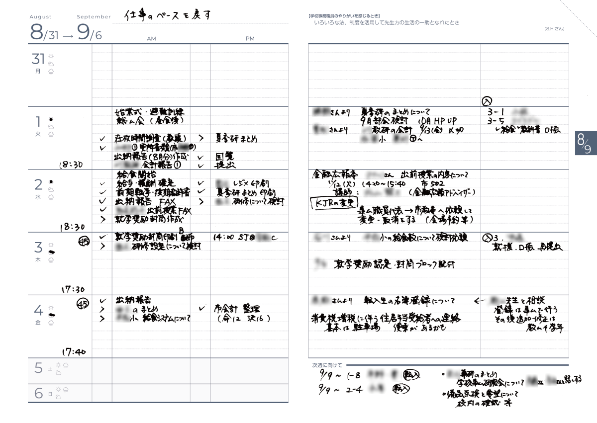 Jタイプのスケジュール手帳 中身