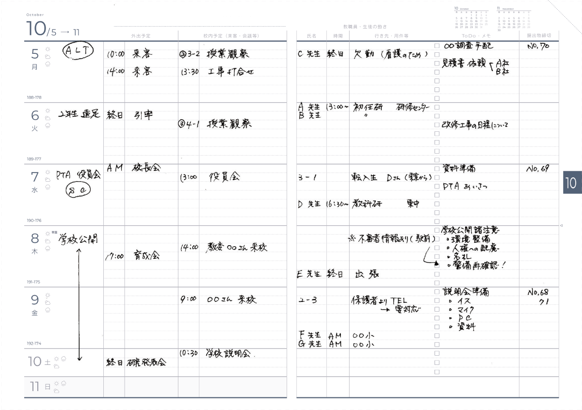 Mタイプのスケジュール手帳 中身